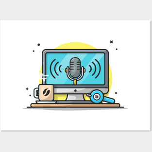 Monitor with Speaker, Hot Coffee and Headphone Cartoon Vector Icon Illustration Posters and Art